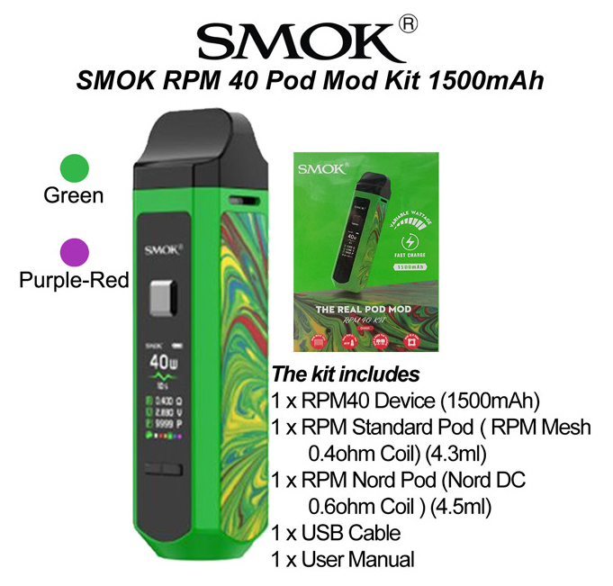 Smok Rpm 40 Pod Mod Kit 1500mah Green Color