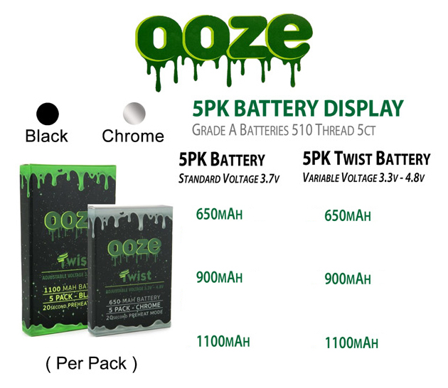 OOZE 5pk Twist Battery 3.3v 4.8v & 650mah 1100mah