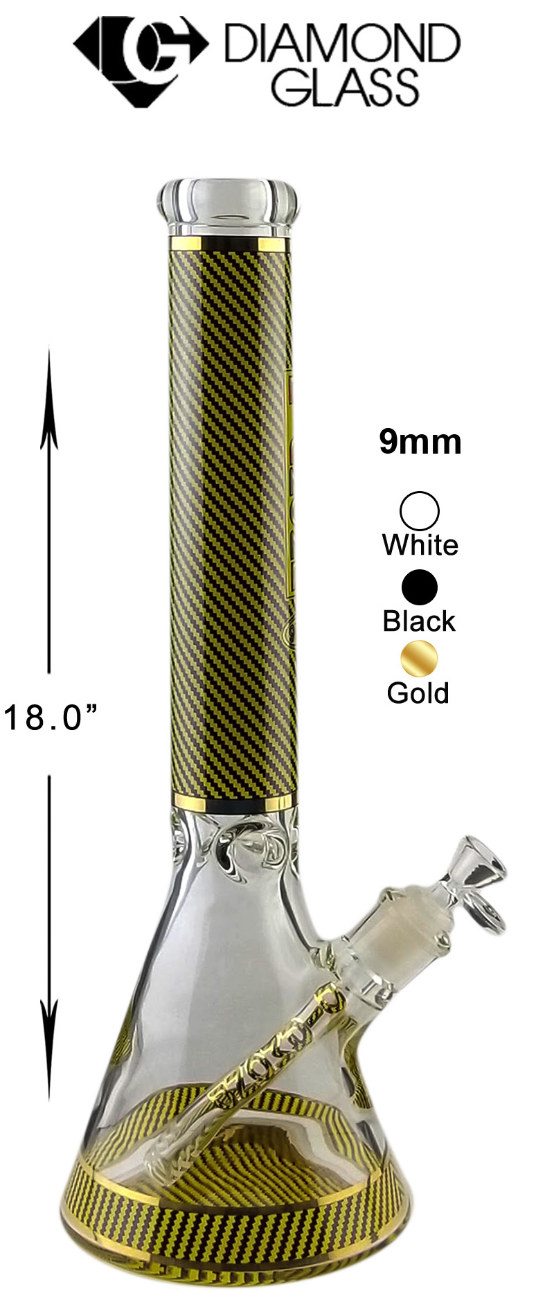 18 Inch Black Gold Diamond Glass 9mm Beaker Water Pipe Carbon Fiber Look