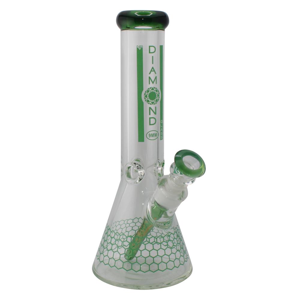 9mm Thick Diamond Glass-12 Inch Beaker With Honeycomb Water Pipe-Green
