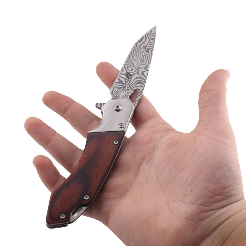 MTech USA Damascus Steel Folding Wooden Handle Metal Pocket Knife-Silver