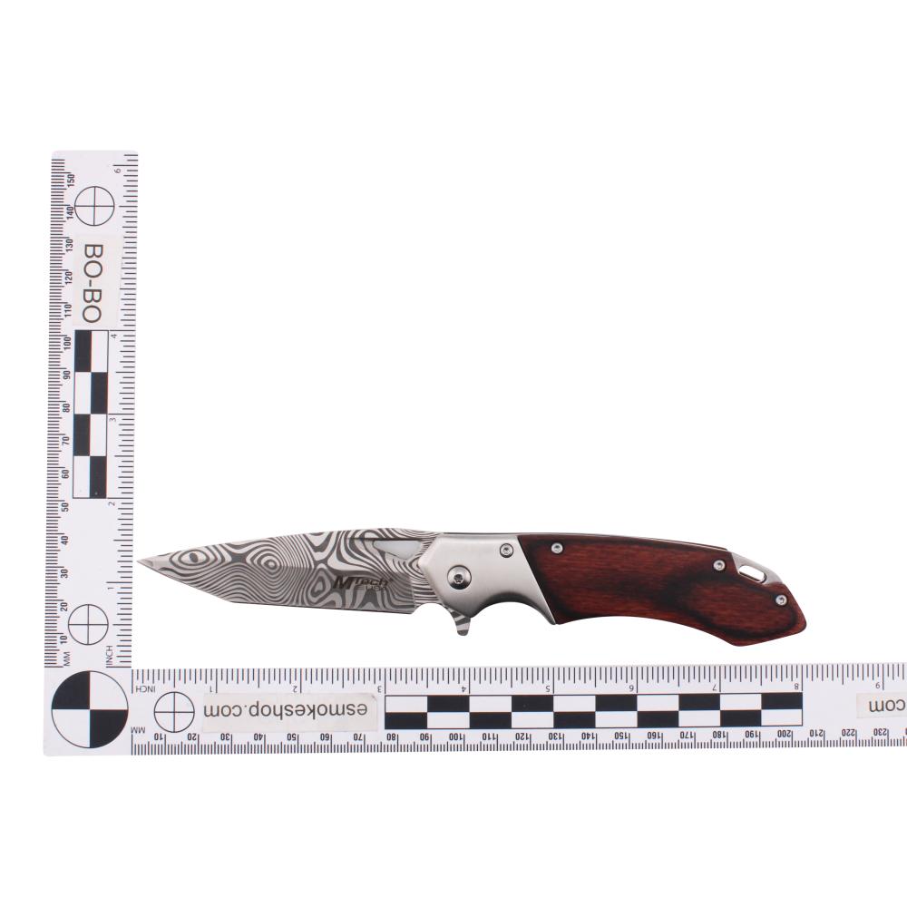 MTech USA Damascus Steel Folding Wooden Handle Metal Pocket Knife-Silver