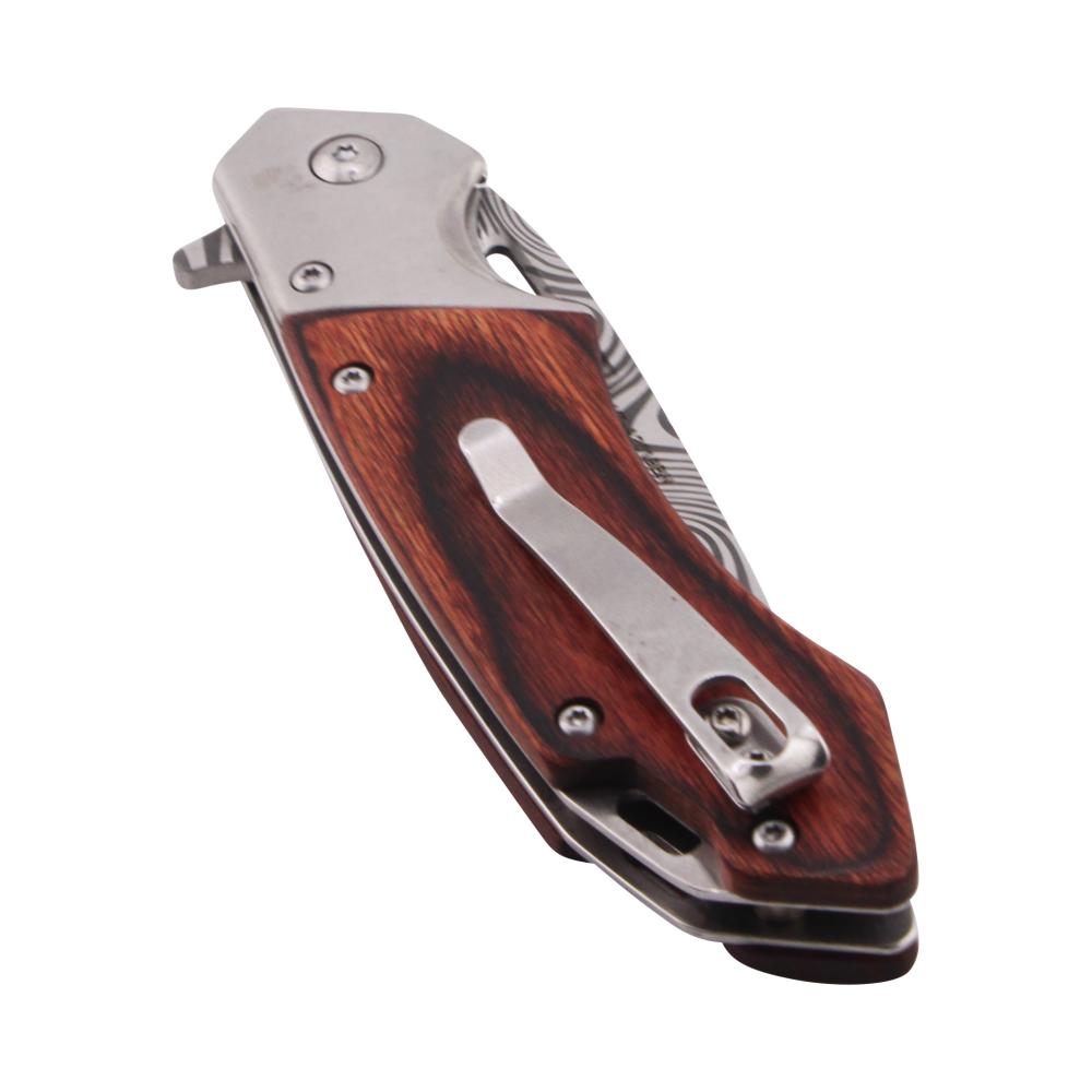 MTech USA Damascus Steel Folding Wooden Handle Metal Pocket Knife-Silver