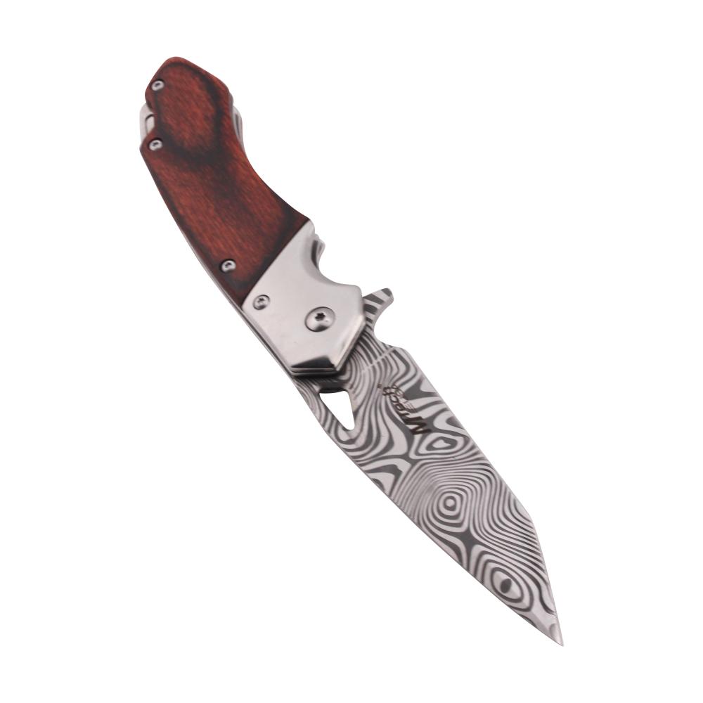 MTech USA Damascus Steel Folding Wooden Handle Metal Pocket Knife-Silver