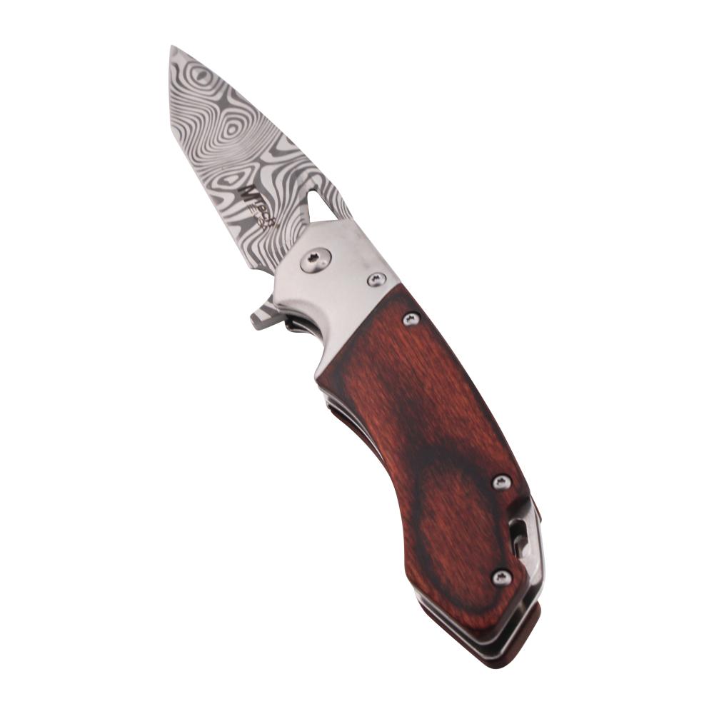 MTech USA Damascus Steel Folding Wooden Handle Metal Pocket Knife-Silver