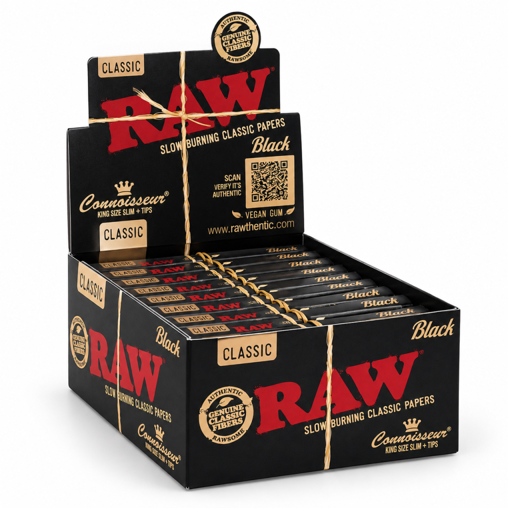 Raw Classic Black Connoisseur Rolling Papers +Tips King Size Pack 24
